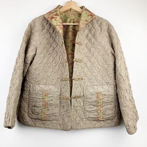 Rising Phoenix Womens Quilted Jacket Beige Button Up Collar Silk Blend S